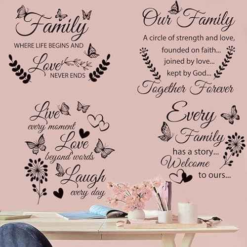 4 Set Family Stickers Vinyl Quote Decals Family Lettering Decals Inspirational Saying Stickers Wall Decor for Living Bedroom Wall Decorations
