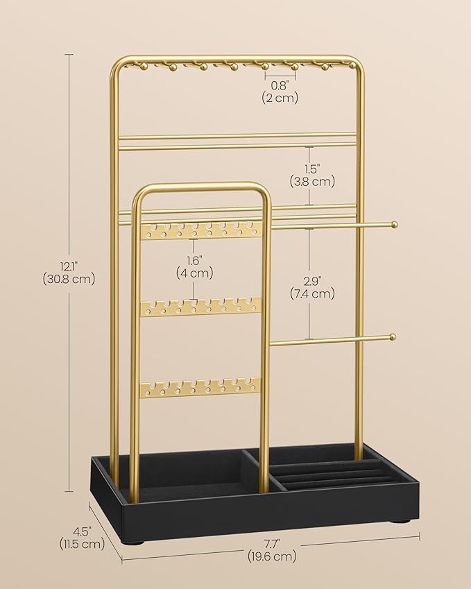 SONGMICS Jewelry Holder, Jewelry Organizer Display Stand with Metal Frame, Velvet Tray, Necklace Earring Bracelet Holder, for Studs, Rings, Gift Idea, Pale Gold and Ink Black UJJS021AB02