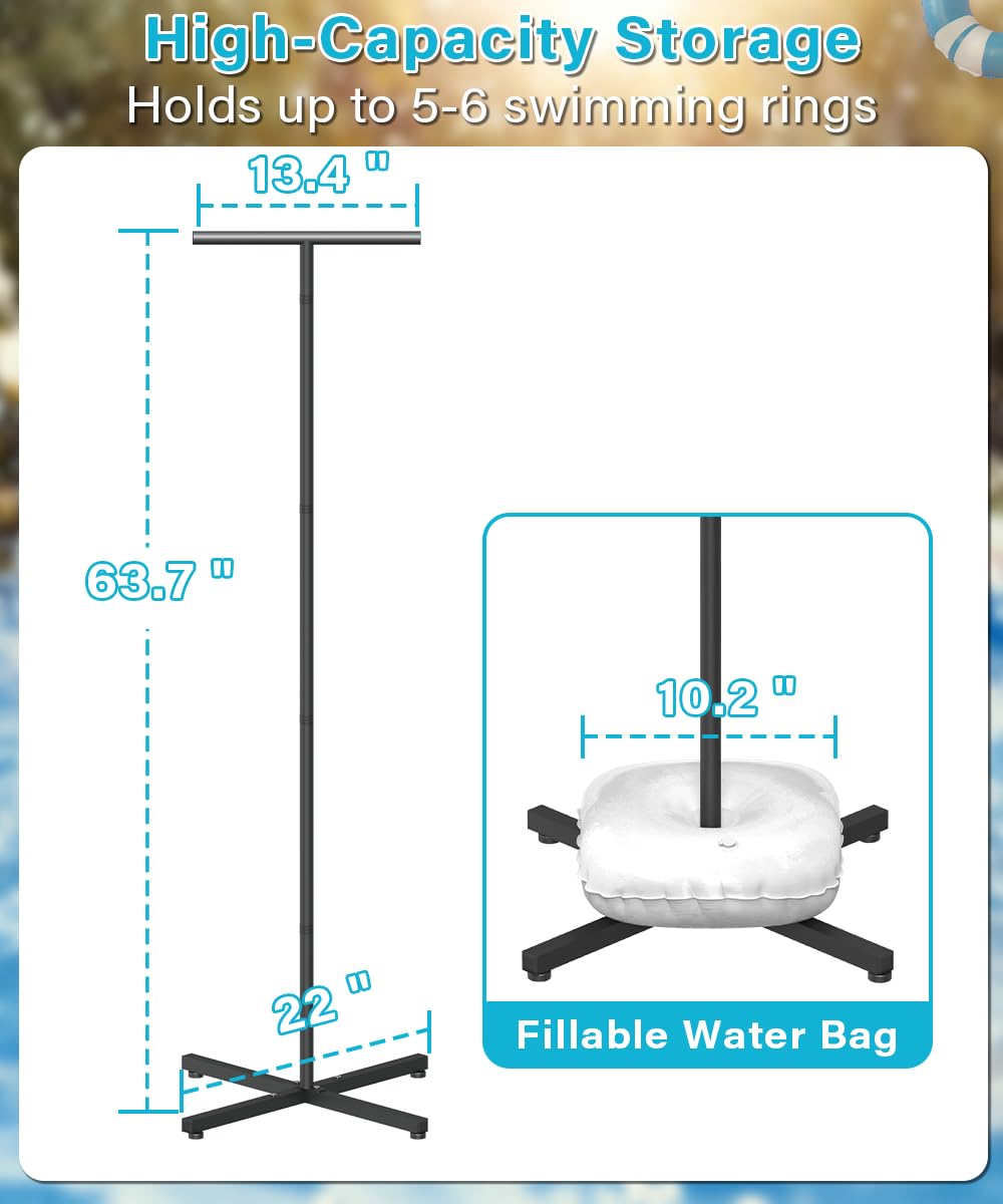 Mondazie Pool Float Holder Storage Rack, 22’’ x 63.7’’ Metal Pool Floats Organizer for Swimming Ring with Water Weight Bag, Pool Tube Floaty Stand Holders for Poolside Beach Outdoor Storage, Black