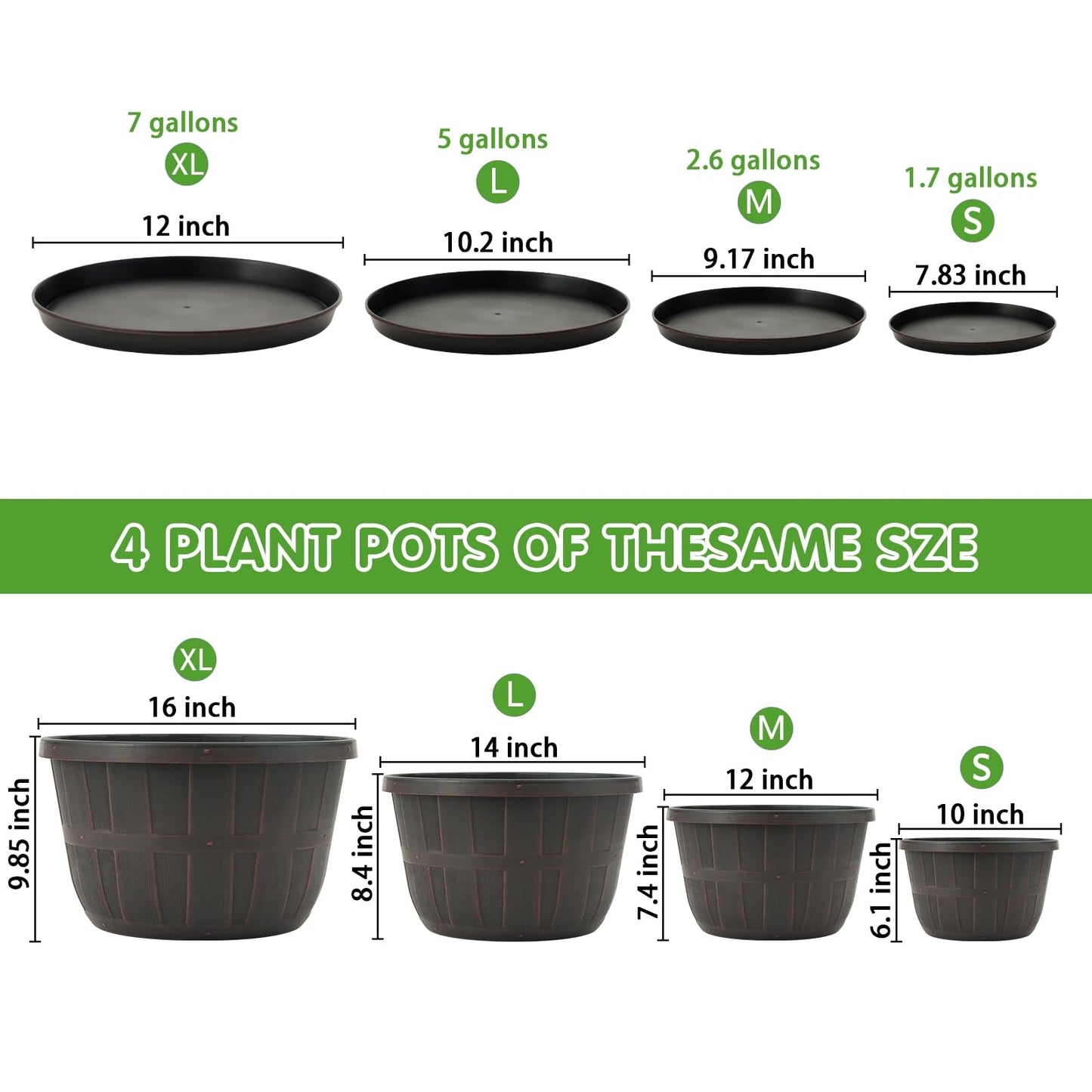 Quarut 14 Inch Plastic-Flower-Pot-for-Indoor-Plants, 4 Pack Large Outdoor Planter Pot with Drainage Holes & Saucers, Resin Decorative Garden Pots Planters（Brown）