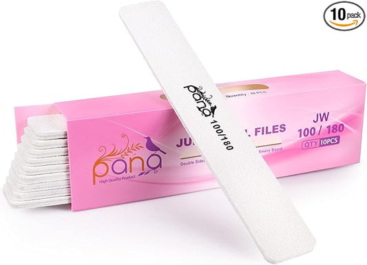 10PCS Jumbo Size PANA Professional Double Sided Nail Files - White, 100/180 Grit - Emery Board Nail Buffering File Manicure Pedicure Nail Polisher Washable