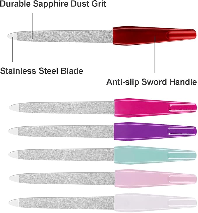 Nail Files for Natural Nails (6 PCs), Metal Nail Files Made of Stainless Steel with Sharp Pointed Tip Non Slip Handle, Double Sided Fingernail Files Sapphire Grit for Natural Nails Toenail Color Mix