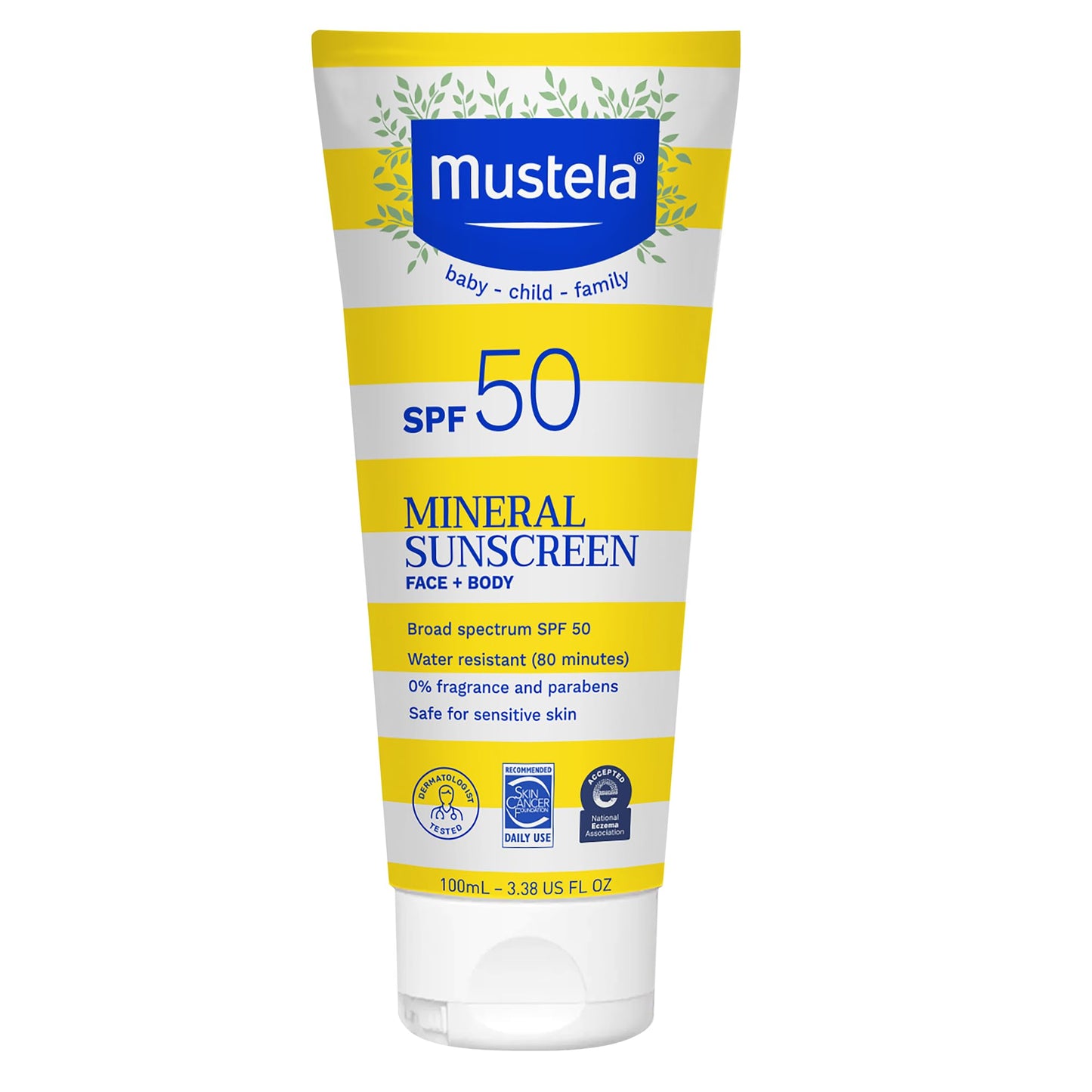 Mustela Baby Mineral Sunscreen Lotion SPF 50 Broad Spectrum - Face & Body Sun Lotion for Sensitive Skin - Water Resistant & Fragrance Free - Regular & Family Size