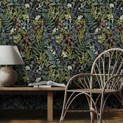 Okydoky Peel and Stick Wallpaper, Black Floral Wallpaper, 17.3"x236", Boho Leaf Wall Paper, Self-Adhesive Contact Paper, Home Decor for Bathoom Kitchen Wall Cabinet, Vinyl Waterproof L93192-6(US)