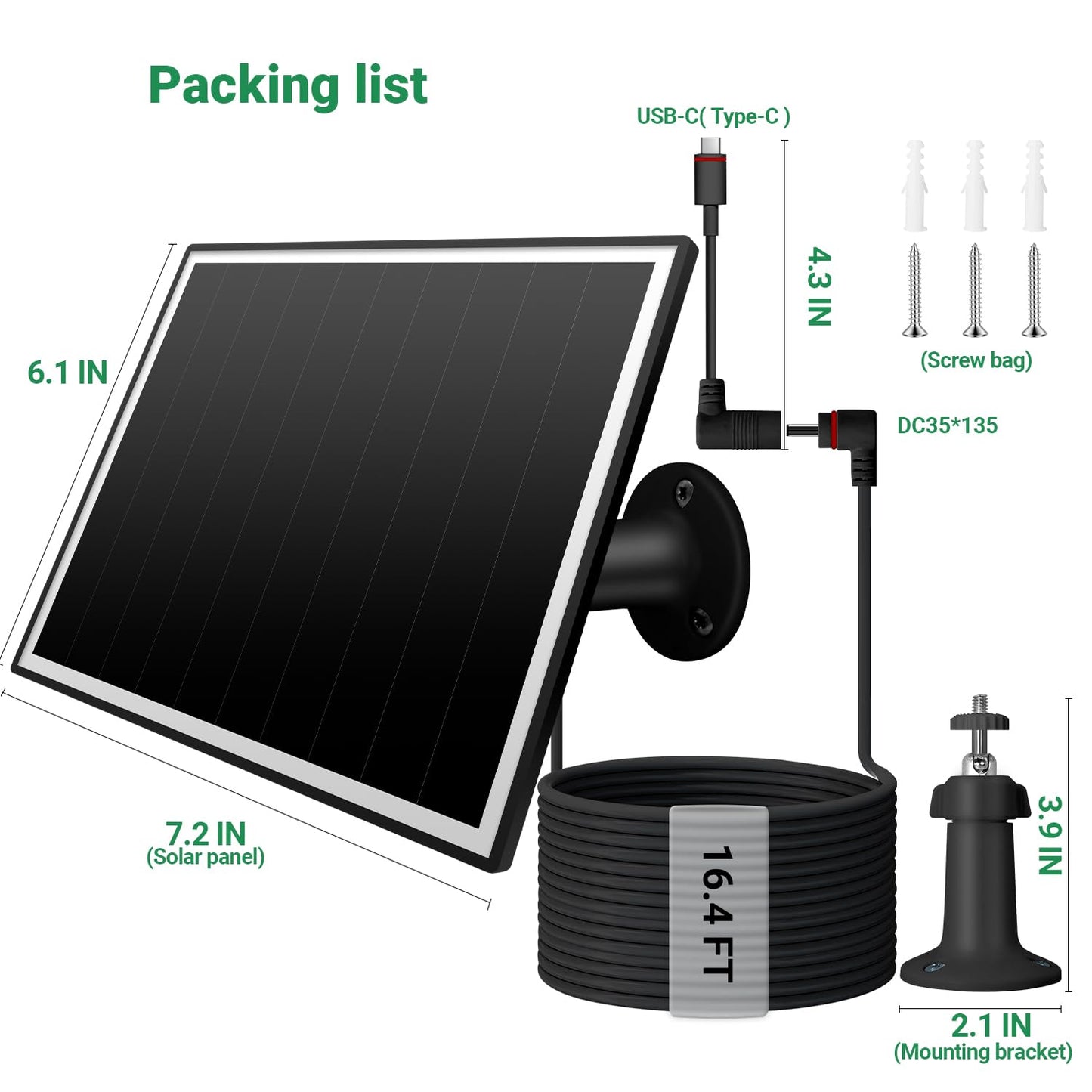 VERVERAY 2 Pack Solar Panel for Ring Camera, 6W Solar Charger with USB-C & Barrel Plug for Ring Stick Up Cam Plus/Pro & Spotlight Cam Battery Series, Waterproof, 16ft Cable (Black)