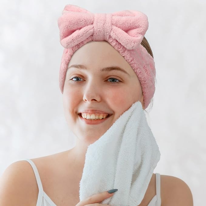 3 Pieces Towel Headbands for Women Makeup Headband for Washing Face Makeup Spa, Microfiber Bowtie Shower Hairband for Women (Pink, Blue, Black)