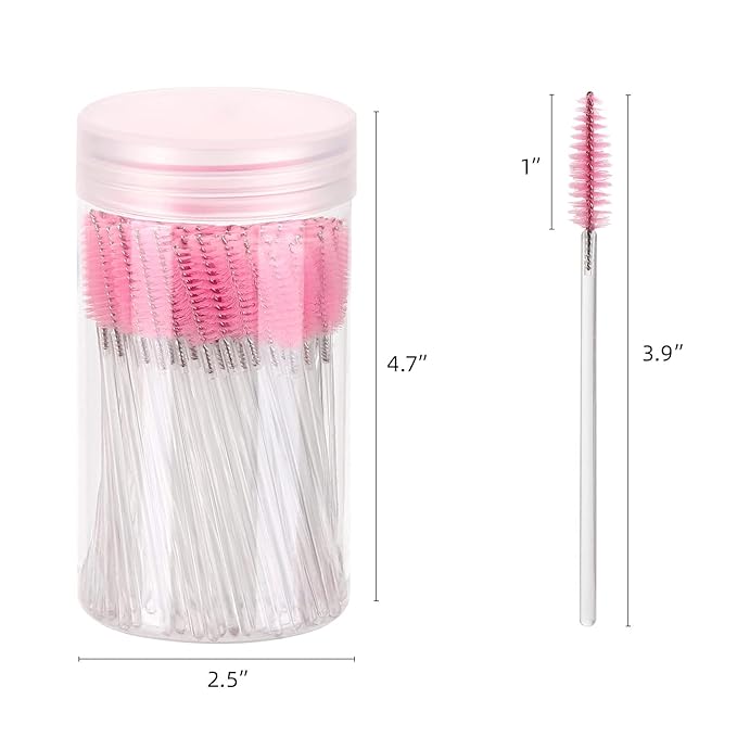 100 Pcs Disposable Mascara Wands, Crystal Eyebrow Spoolies Brush for Eyelash Extensions, Makeup Applicators Kits Eyelash Brush with Container (Pink)