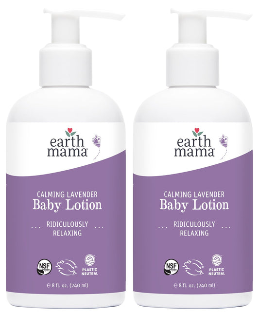 Earth Mama Calming Lavender Baby Lotion for Dry Skin, Calendula Cream for Newborn Skin Care, Children's Moisturizer, Aloe Juice, Rooibos, & Shea Butter, Lavender Lotion, 8 Fl Oz (2Pk)
