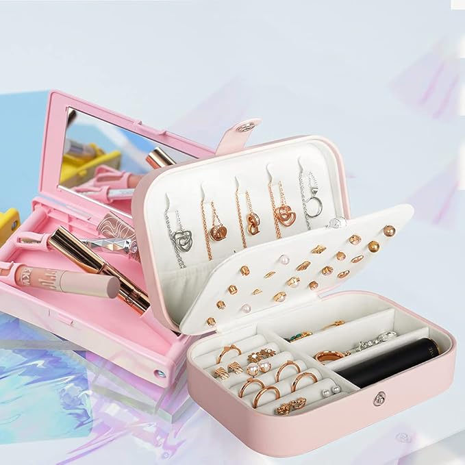 Hatori Travel Jewelry Box, PU Leather Small Jewelry Organizer for Women Girls, Portable Mini Travel Case Display Storage Holder Boxes for Stud Earrings, Rings, Necklaces, Bracelets (Pink)