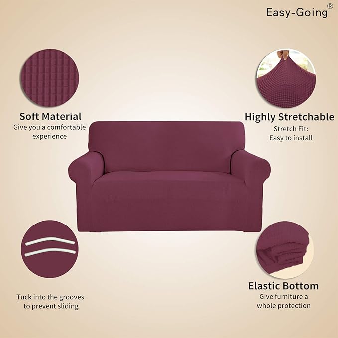 Easy-Going Stretch Loveseat Slipcover 1-Piece Sofa Cover Furniture Protector Couch Soft with Elastic Bottom for Kids Polyester Spandex Jacquard Fabric Small Checks (Loveseat, ASH Rose)
