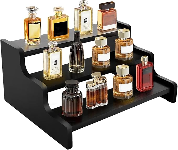 Wooden Cologne Organizer for Men, Perfume Organizer Stand, Cologne Stand with Anti-Slip Washers, Wooden Display Risers Stand for Dessert, Cupcake, Black, 3-tier-11.8in