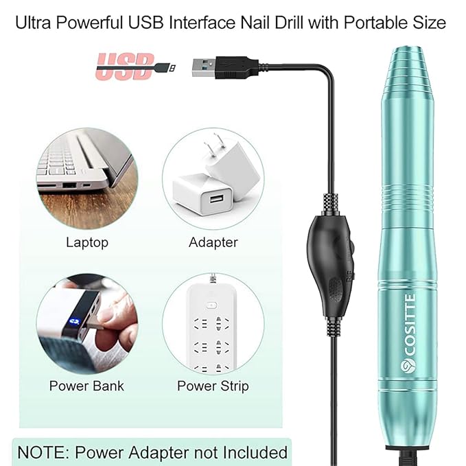 Electric Nail Drill,USB Electric Nail Drill Machine for Acrylic Nail Kit,Portable Electric Nail File Polishing Tool Manicure Pedicure Kit Efile Nail Supplies for Home Salon,Green