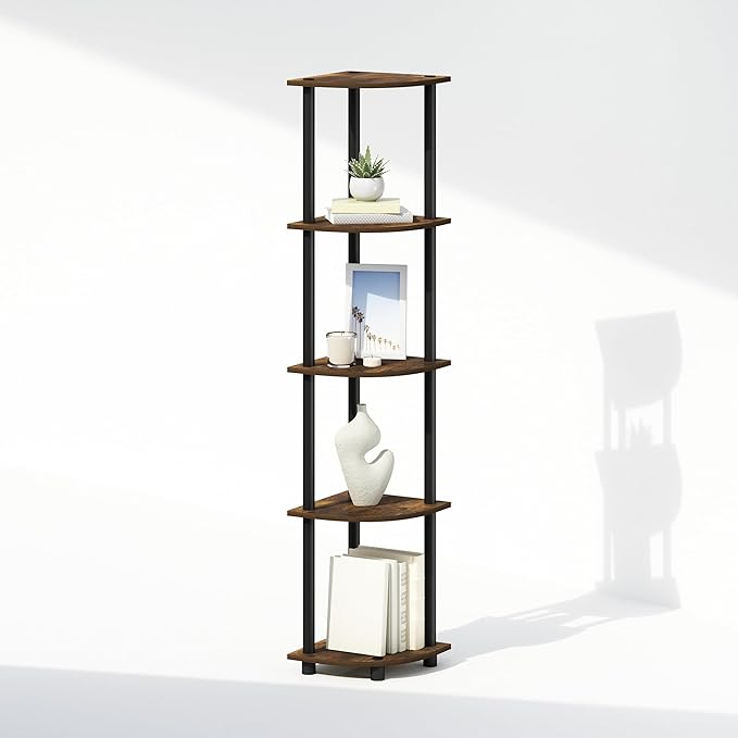 Furinno Turn-N-Tube Storage Shelves, 5-Tier Book Shelf, Corner Shelf, Toolless Open Shelves, for Organization and Storage, Living Room, Home Office, Hallway, Bedroom, Amber Pine
