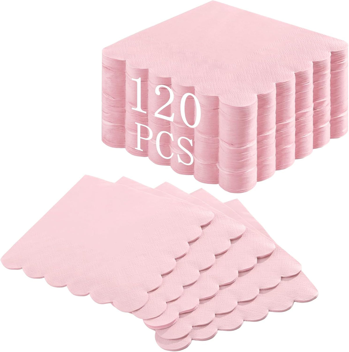 NatNarr 120 Pcs Cocktail Napkins Pink Paper Napkins Light Pink Dessert Beverage Napkin Cute Scalloped Party Napkin for Baby Bridal Shower, Birthday, 5 x 5 Inch