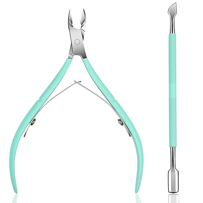 Ejiubas Cuticle Trimmer with Cuticle Pusher Cuticle Nipper Professional Grade Stainless Steel Cuticle Remover Cutter Clipper Durable Pedicure Manicure Tools (Green)