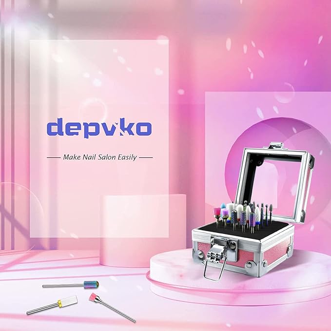 Depvko 21Pcs Nail Drill Bits Set with Portable Pink Case, 3/32 Inch Drill Bits for Nails, Ceramic Diamond Carbide Cuticle Nail Bits effile Remover Bits bits for Home Salon Acrylic Gel Nail Polish