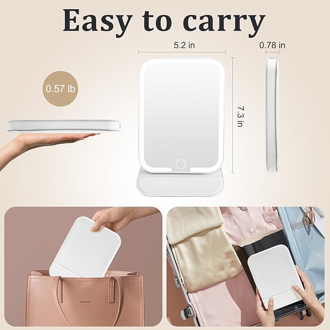 Rechargeable Travel Mirror with Light, LED Makeup Mirror with Lights, Portable Vanity Mirror with 3 Color Lighting, Touch Dimmable Lighted Cosmetic Mirror, Travel Essentials (White)