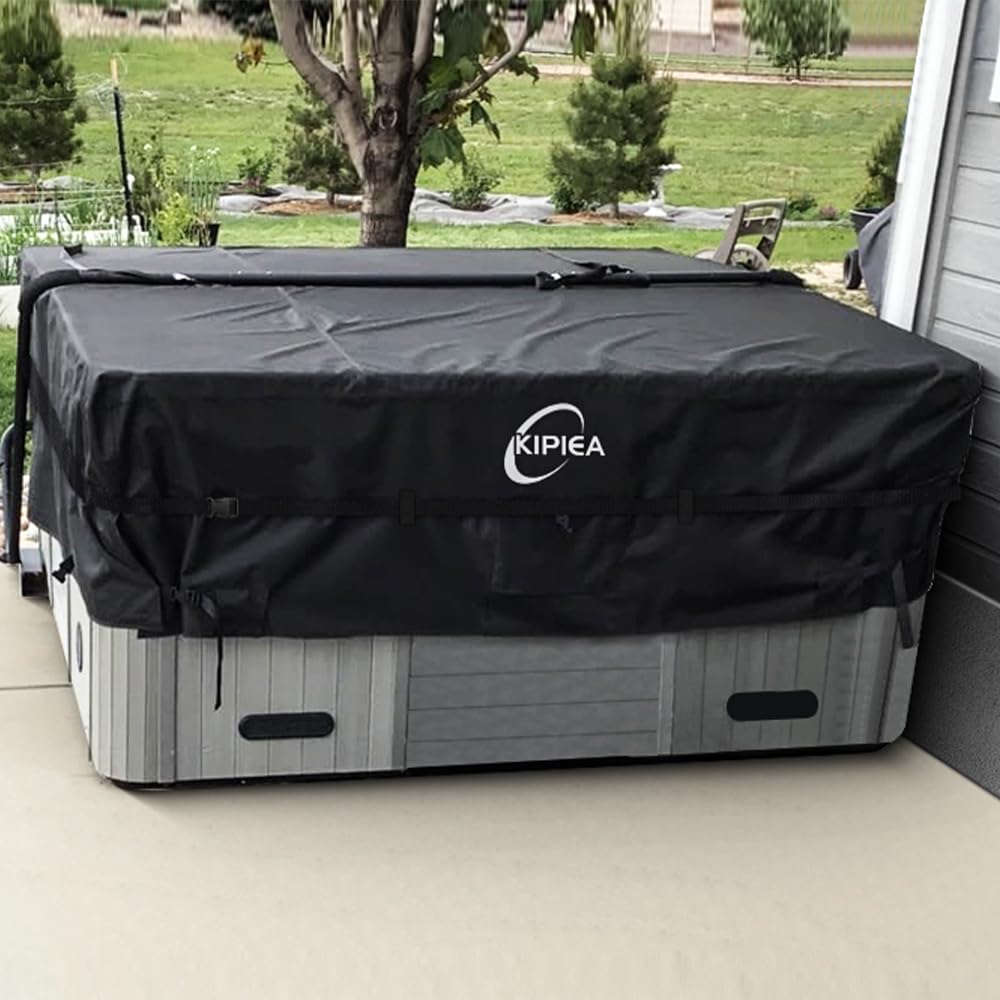 Kipiea 600D Outdoor Waterproof Square Hot Tub Cover Protector, Heavy Duty Polyester SPA Cover UV Protection Cover 85" L x 85" W x 20" H, Black