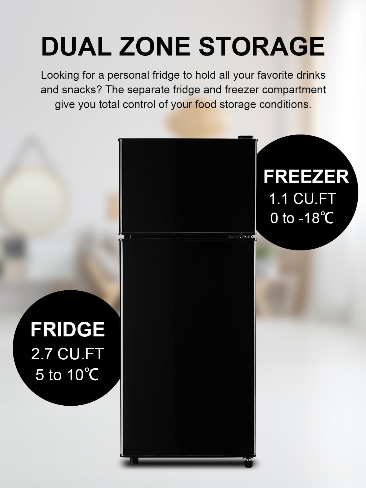 KRIB BLING Refrigerator with Freezer 3.8 Cu.Ft with 7 Level Adjustable Thermostat Control 2 Door Lock Fresh Energy Saving Top-Freezer Compact Refrigerator Black