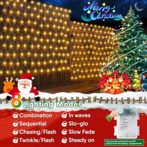 Hezbjiti Pack of 6 Battery Operated Christmas Net Lights Outdoor Total 600 LED 5FT x 3.3FT Waterproof Timed Memory Mesh Lights for Xmas Trees Bushes Garden Yard Lawn Patio Christmas Decor (Warm White)