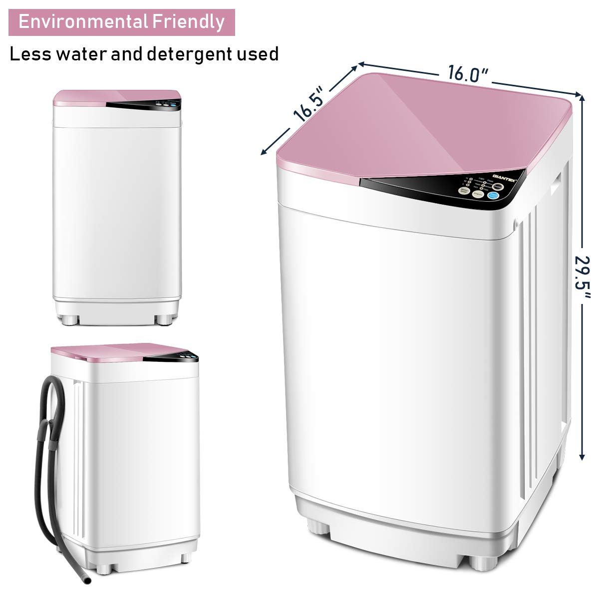 Giantex Full-Automatic Washing Machine Portable Washer and Spin Dryer 7.7 lbs Capacity Compact Laundry Washer with Built-in Barrel Light Drain Pump and Long Hose for Apartments Camping (White & Pink)