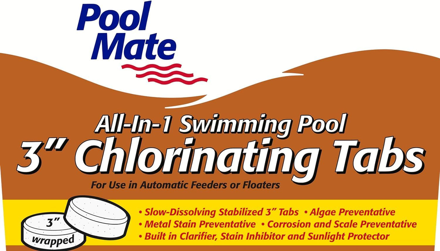 Pool Mate 5-Pounds All-In-1 Swimming Pool 3 Inch Chlorinating Tabs, Chlorine Tablets 3 Inch, Sanitizer, Clarifier, Stain Inhibitor, Algae Control, Descaler, Sunlight Protector All In One, Made In USA