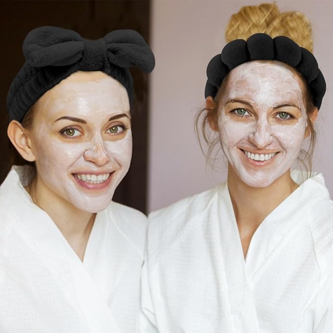 SPA Headbands for Washing Face Makeup Headbands with Bow Hair Band Women Facial Head Band Wrist Towel Wraps For Shower Face Mask Black, 6 Pack