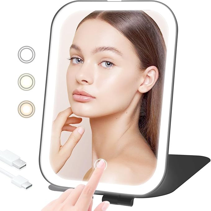 Travel Makeup Mirror, Portable Mirror with 3 Adjustable Light Settings, USB-Rechargeable Vanity Mirror with Lights, Gift for Women and Girls (Black)