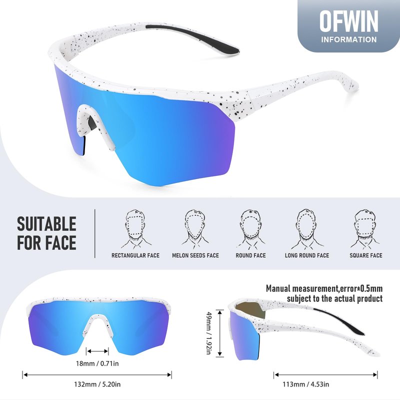 Ofwin Kids Sports Sunglasses for Boys Girls Polarized Youth Softball Baseball Sunglasses Cycling Running Age 5-15 White Frame/Ice Blue Mirror Lens