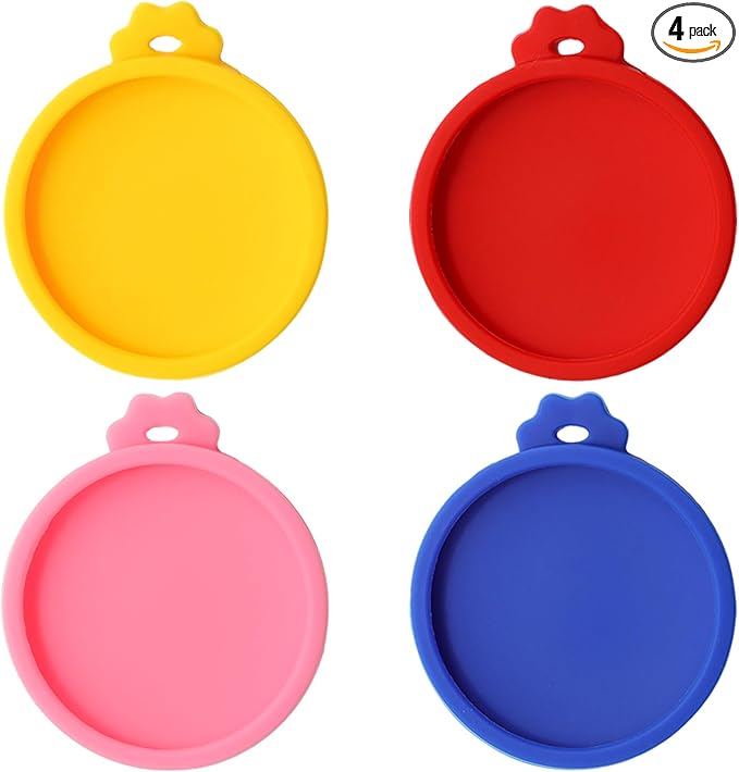 PINE & LINEN 4 Pcs 2.5inch Durable Pet Can Lids, Silicone Small Pet Can Covers Waterproof Cat Food Cans Lids for 3 oz Cat Food Cans（Yellow+Red+Pink+Blue）