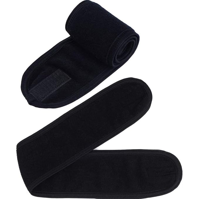 2 Pack Facial Spa Headband with Magic Tape - Terry Cloth Head Wrap for Bath, Makeup, Yoga and Sport, Black