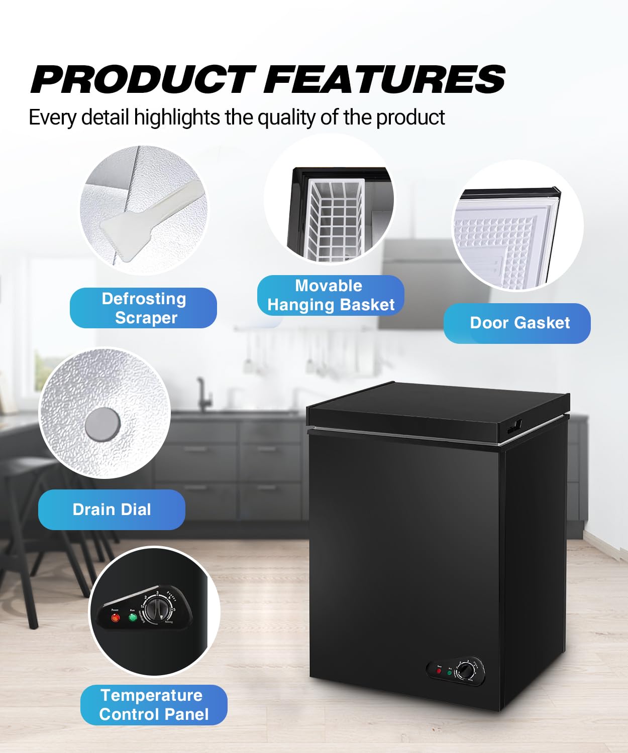 rosmena Deep Freezer 3.5 Cu.Ft, Chest Freezer with Removable Basket, Small Freezer with 6 Levels Adjustable Temperature, Quiet Mini Freezer for Home/Kitchen/Office/Garage/Bar (Black)