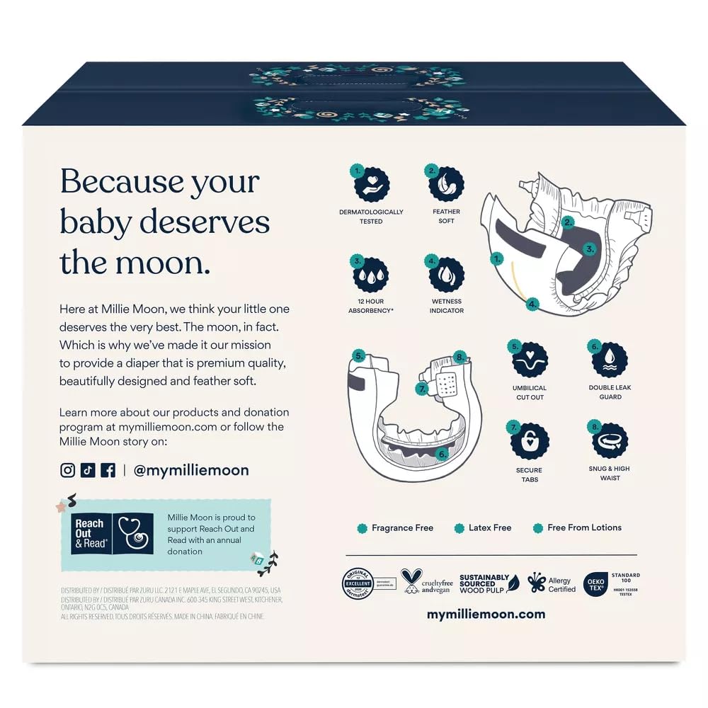 Millie Moon Luxury Diapers – Ultra Soft Cloud Touch Disposable Diapers with 12 Hour Absorbency & Wetness Indicator (N - 88ct)