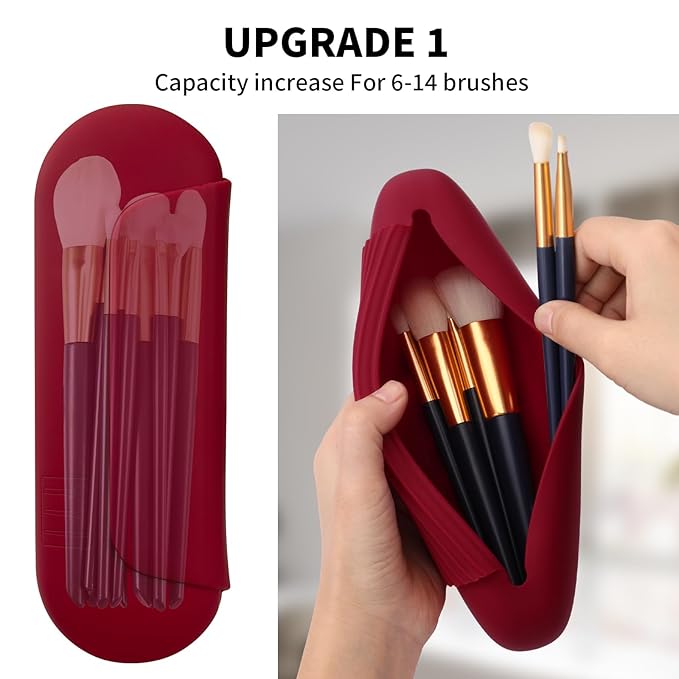2 IN 1 Silicone Makeup Brush Holder with Beauty Make Up Sponge Holder Case：Soft Portable Cosmetic Face Brushes Holder with Upgrade Anti-Fall Out Magnetic Closure - Red