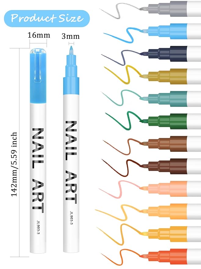 12 Color 3D Nail Art Pens Set, Kalolary Nail Point Graffiti Dotting Pen Drawing Painting Liner Brush for DIY Nail Art Beauty Adorn Manicure Tools