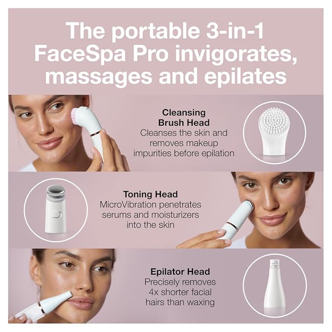 Braun Face Epilator Facespa Pro 911, Facial Hair Removal for Women, Hair Removal Device, 3-in-1 Epilating, Cleansing Brush and Skin Toning with 3 Extras