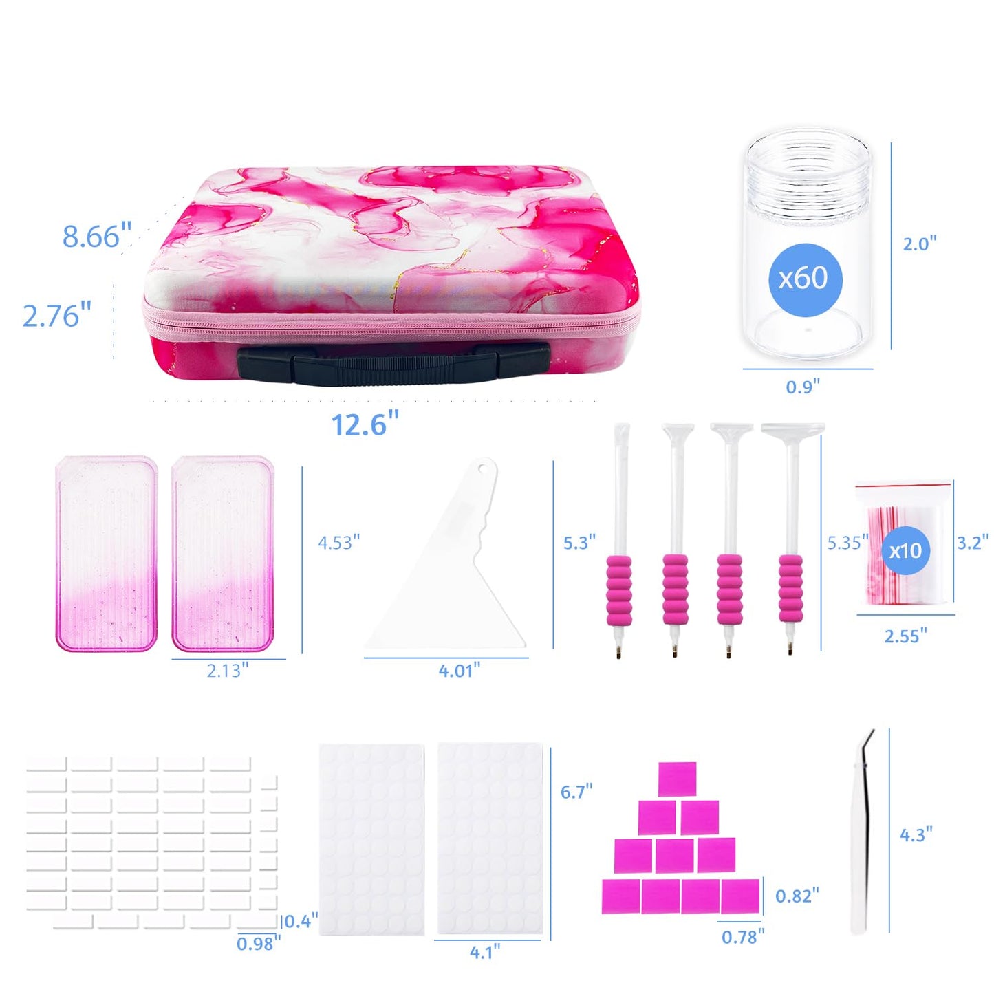 SuSentak Diamond Art Storage Containers with Dot Drill Tools,60 Slots Bead Organizer Case for 5D DIY Art Kits, Portable Craft Box for Diamond Painting Accessories (Pink)