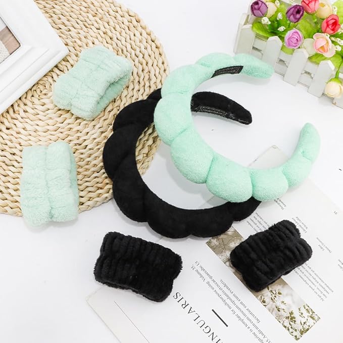 SPA Headbands for Washing Face Makeup Headbands with Bow Hair Band Women Facial Head Band Wrist Towel Wraps For Shower Face Mask Black Green, 6 Pack