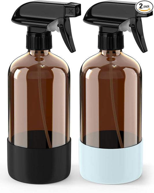 Bontip Glass Spray Bottle with Silicone Sleeve Protection, Amber Glass Spray Bottle Set for Window Cleaner Aromatherapy Facial Hydration Watering Flowers Hair Care 2 Pack/16 oz (Black & Blue, 16 oz)