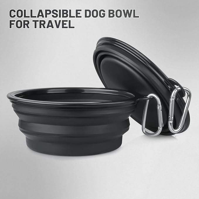 Large Dog Bowl Pet Collapsible Bowls, 2 Pack Collapsible Dog Water Bowls for Cats Dogs, Portable Pet Feeding Watering Dish for Walking Parking Traveling with 2 Carabiners (Large, Black+Black)