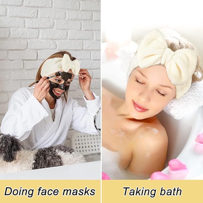 Shintop Spa Headband Soft Carol Fleece Makeup Headband with Cute Bow Elastic Hairand for Washing Face Skincare Facial Mask Bath GiftÃ¯Â¼ÂCreamy WhiteÃ¯Â¼Â