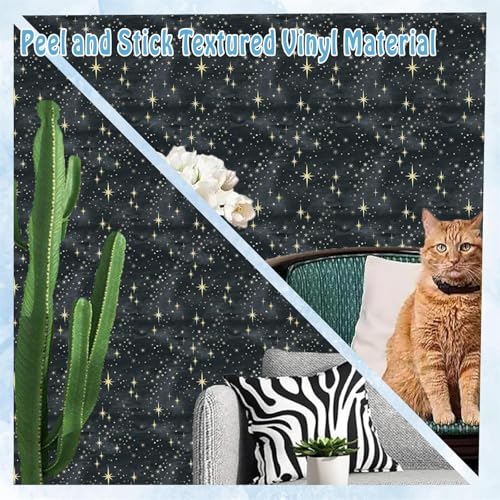 Black Peel and Stick Wallpaper Retro Star Wall Stickers Self Adhesive Wallpaper Yellow Starburst Contact Paper for Ceiling Decor Sparkle Art Mural Decals for Cabinets Bedroom Living Room,15.7" x 47.2"