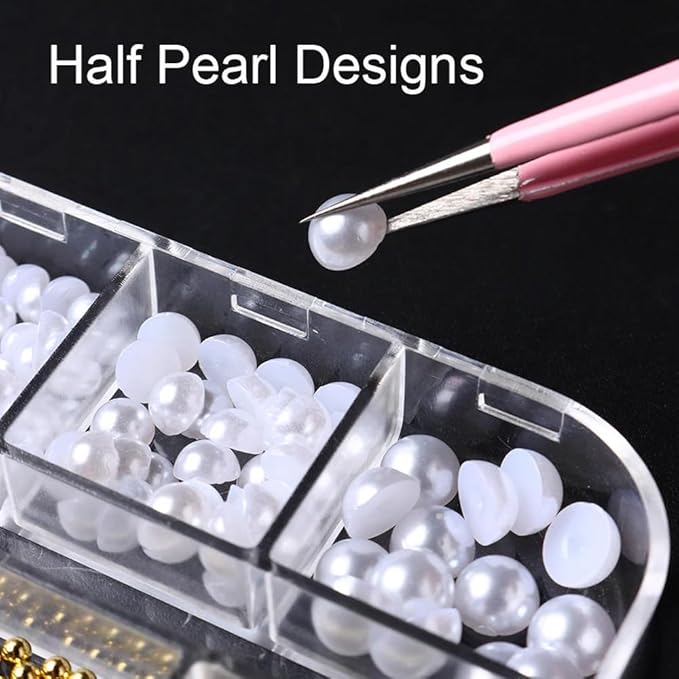 12Grids 3D Mixed White Pearls Nail Charms 0.15-0.5mm Semicircle Pearl Beads Nails Art Decorations White Nail Pearls for DIY Tool Nail Studs Accessories Pearl Nail Charms Mini Small Nail Beads (White)
