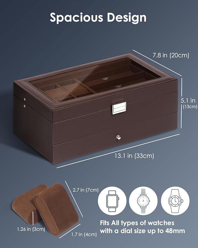 Watch Jewelry Box Organizer, 6-Slot 2-Layer Watch Case and Sunglasses Storage with Large Glass Lid, Men's Jewelry Box with Lock, Watch Holder Display Case, Gift for Men Women