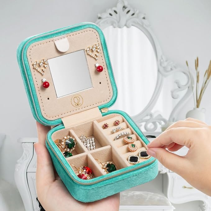 Plush Velvet Travel Jewelry Case, Travel Jewelry Organizer, Jewelry Travel Case, Travel Jewelry Box, Small Jewelry Case, Jewelry Travel Box, Earring Organizer with Mirror - CyanBlue