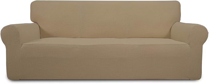 Easy-Going Stretch Sofa Slipcover 1-Piece Sofa Cover Furniture Protector Couch Soft with Elastic Bottom for Kids, Polyester Spandex Jacquard Fabric Small Checks (Sofa, Tan)