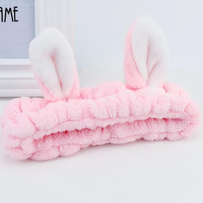 YISSION Cute Bunny Ear Spa Headband for Women and Girls - Soft Plush Makeup Headband for Face Washing, Skincare, Shower, Easter Party Favors (2 Pack, Pink & Purple)
