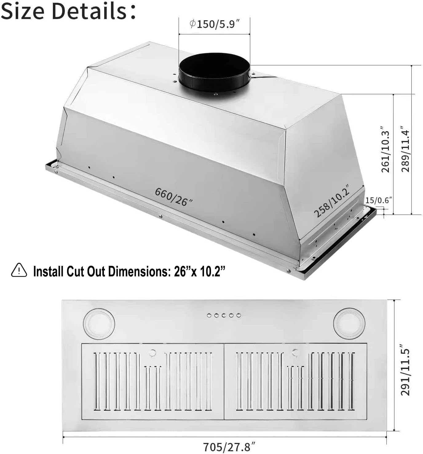 Zomagas Range Hood Insert 30 inch,Stainless Steel Kitchen Vent Hood 600CFM,Built-in Kitchen Stove Hood w/Front Button Controls and Front LED Lights,Baffle Filters,Ducted/ductless Convertible Duct