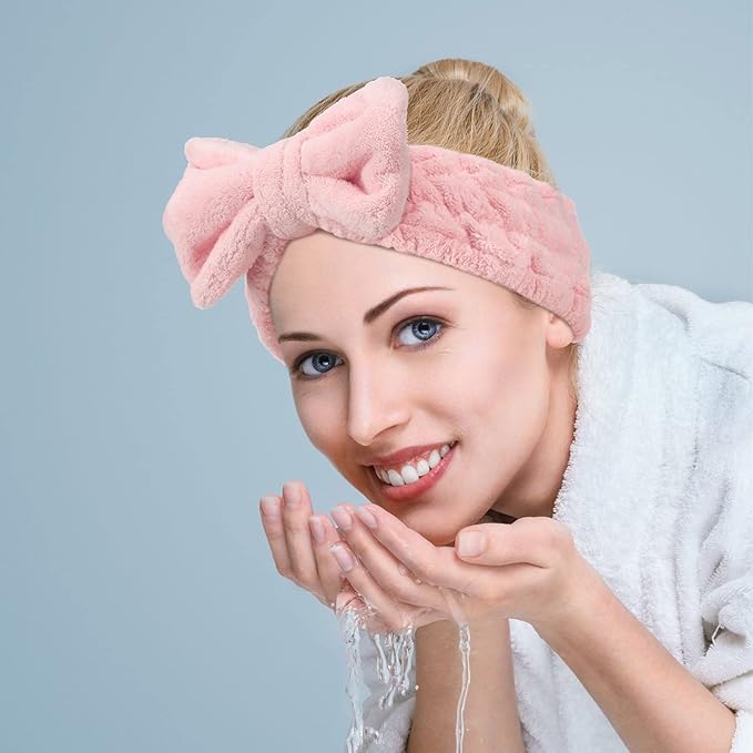 3 Pieces Towel Headbands for Women Makeup Headband for Washing Face Makeup Spa, Microfiber Bowtie Shower Hairband for Women (Pink, Blue, Black)