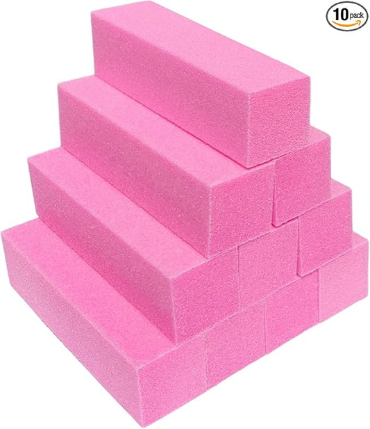10 Pcs Nail Buffer Block for Acrylic and Natural Nails, 4 Sided Sanding Buffers for Gel Nails Fingernail Shine Buffing Filer Set, Professional Manicure Polisher Buffer Bulk Medium Grit (Pink)